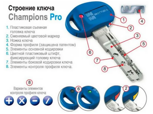 Циліндр Mottura Champions Pro CP4P 92мм (61х Шток) ключ-тумблер хром матовий, довжина штока до 80 мм